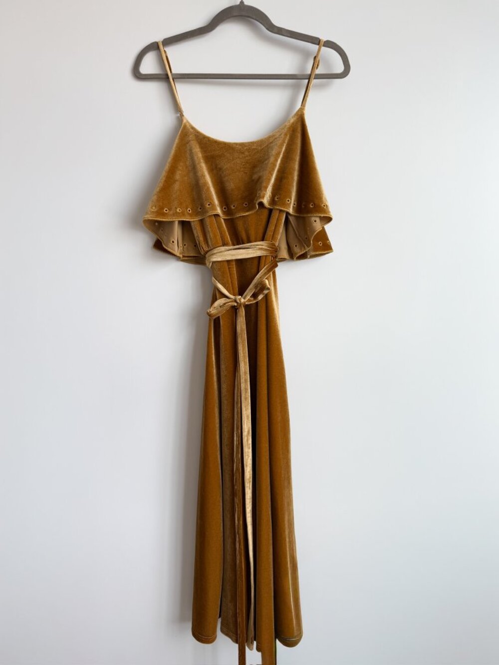 Allison New York Mustard Velvet Maxi Dress w/ Cape Overlay + Tie Waist
